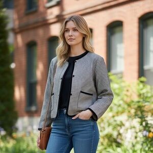 NST JOIE Black Tan Houndstooth  Jacket Velvet Trim  Blazer Black Trim Pockets L